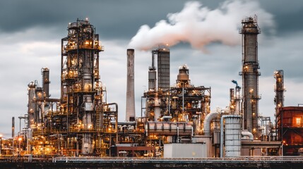 Fototapeta premium Industrial chemical factory with process towers, control lines, and smoke exhaust