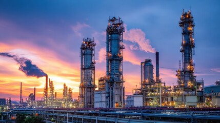 Fototapeta premium Industrial chemical factory with process towers, control lines, and smoke exhaust