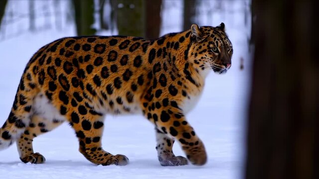 A snow leopard walks through a snowy forest