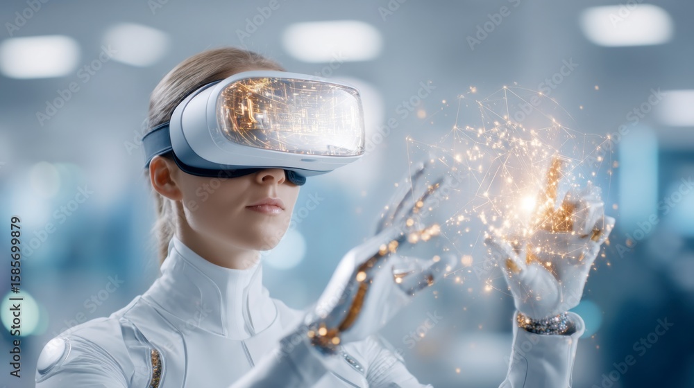 Poster a woman in futuristic attire uses a virtual reality headset and holographic gloves to interact with 