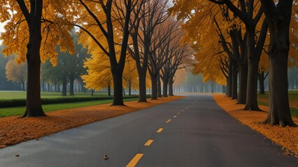 Obraz premium Autumn road lined with golden trees and fallen leaves