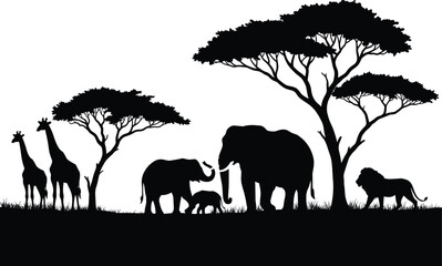 African wildlife silhouette scene with elephants, giraffes, lion and savanna trees, perfect for jungle nature, safari and forest design © Montaha Creatives