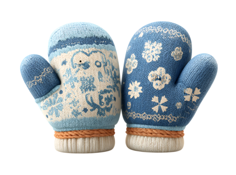 Cozy winter mittens pair blue white knitted snowflakes owls, Isolated On White, Transparent Background, Png