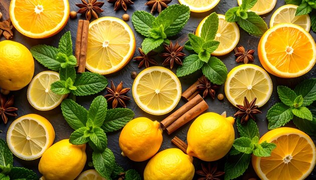 Citrus fruits and spices arranged on a dark surface