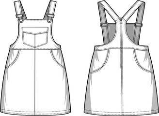 CAD drawing flat vector illustration of fashionable denim overall dress, front and back view, detailed technical garment design sketch