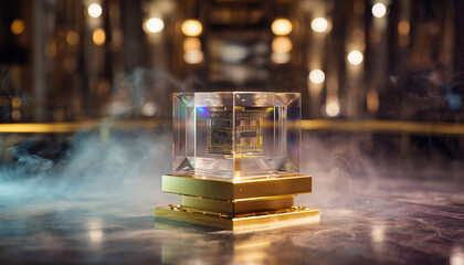 A futuristic quantum chip made with precious materials, sitting calmly in a cold and minimal science lab.