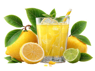Refreshing lemonade with ice cubes and lemons, Isolated On White, Transparent Background, Png
