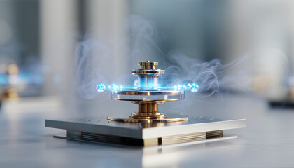 A futuristic quantum chip made with precious materials, sitting calmly in a cold and minimal science lab.