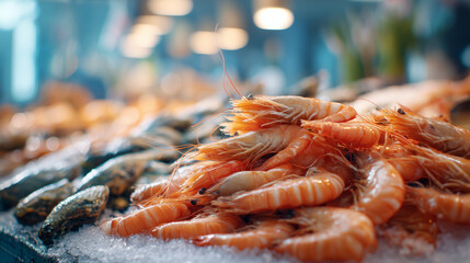 Fresh shrimp and other seafood are displayed in a shop or fish market