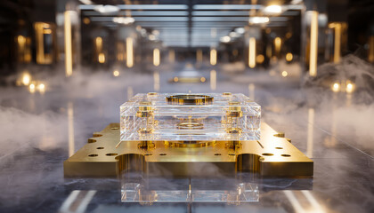 A futuristic quantum chip made with precious materials, sitting calmly in a cold and minimal science lab.