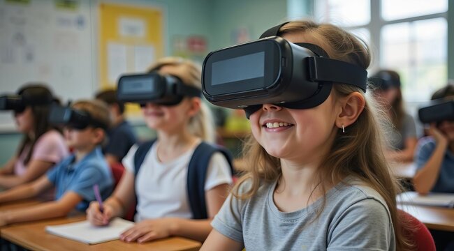 Happy girl looking at VR headset screen during elementary school lesson with other classmates
