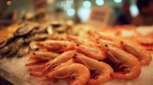 Fresh shrimp and other seafood are displayed in a shop or fish market