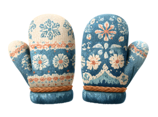 Pair of cozy winter mittens with floral and snowflake patterns, Isolated On White, Transparent Background, Png