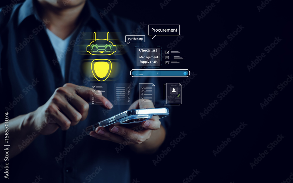 Poster procurement system ai-powered with chatbot and digital invoice a person interacts with a smartphone 