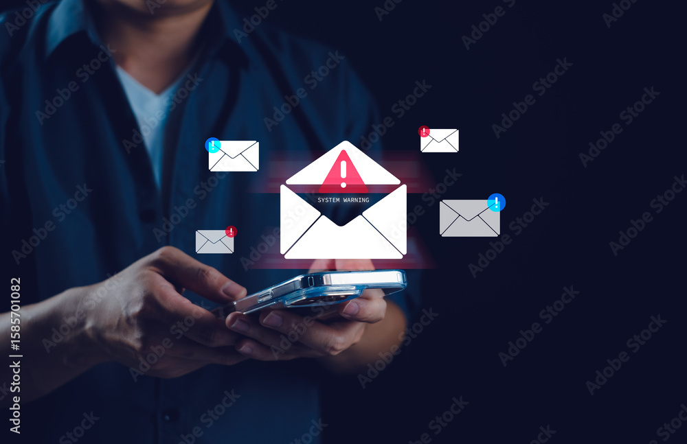 Poster warning email icons cybersecurity alert, scam message digital mail notifications and a warning indic
