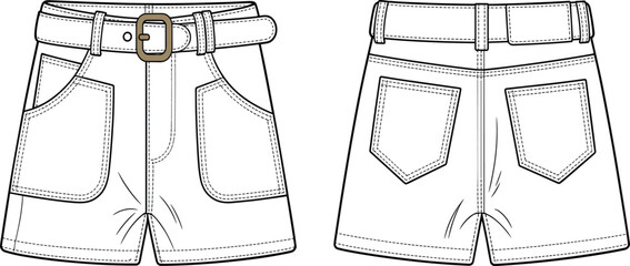 Fashionable denim shorts front and back view, technical CAD drawing, flat vector illustration for apparel design,