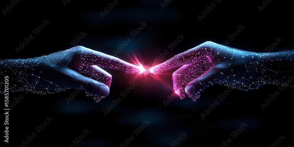 Poster glowing digital hands reaching towards each other with sparkling particles and light effect against 