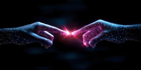 Glowing digital hands reaching towards each other with sparkling particles and light effect against dark background, symbolizing connection and technology.