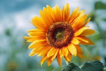 Fototapeta premium Close-up of a single vibrant sunflower in full bloom, against a soft, blurred green background. 