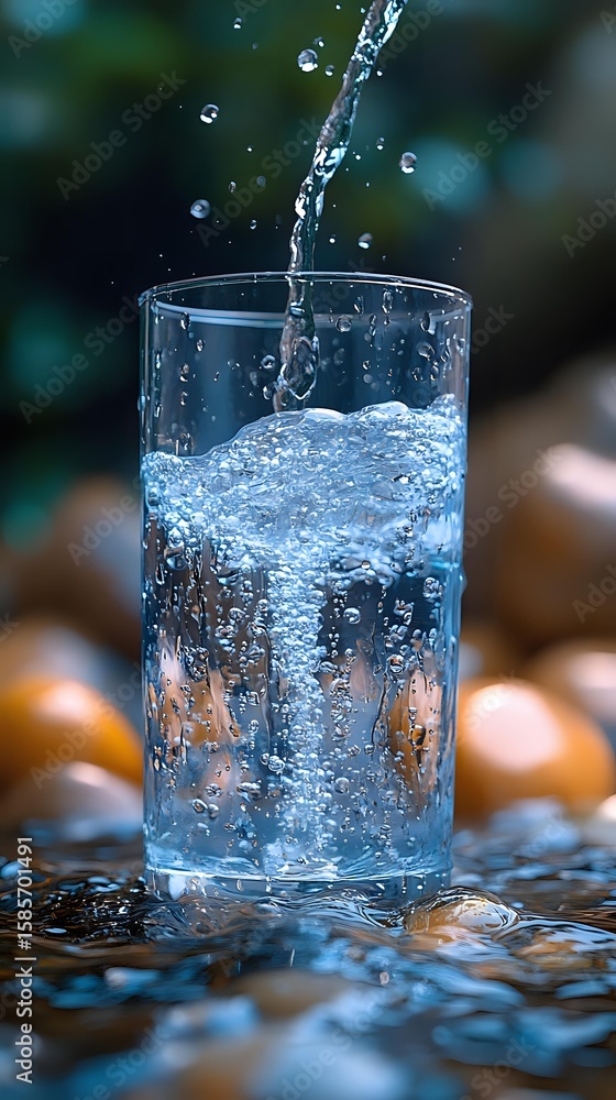 Poster crystal clear water splashing into glass with dynamic bubbles and droplets against blurred backgroun