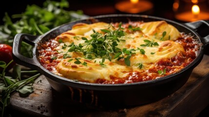 Delicious baked lasagna in a cast iron skillet.