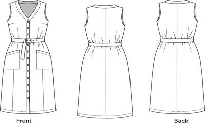 Sleeveless button-down belted dress front and back view, CAD drawing fashion template, flat vector illustration, garment design sketch