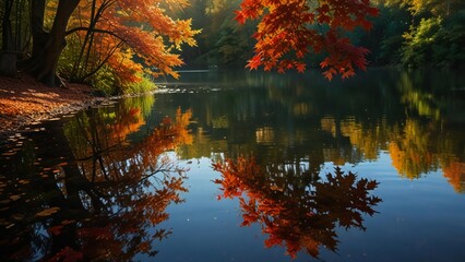 Vibrant autumn leaves reflect beautifully on a calm dark lake surface