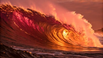 A majestic wave illuminated by the setting sun creating a fiery spectacle on the ocean surface