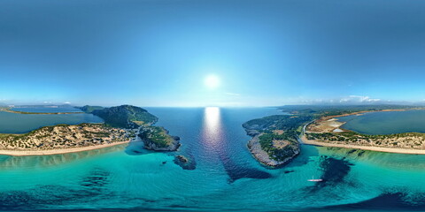 360 seamless panorama view of Voidokilia beach panoramic aerial view - beautiful beach of mediterranean sea in Greece, Europe - in equirectangular spherical projection, ready AR VR virtual