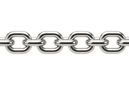Metallic silver chain with interconnected links isolated on transparent background