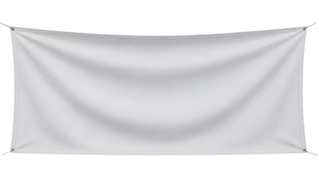 Elegant white textile banner with smooth folds and grommets offers space for signage and promotional designs on a transparent background.