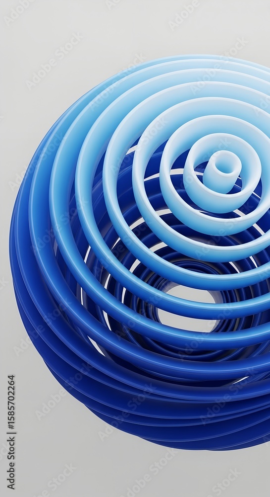 Poster 3d design of spherical geometry with smoothly flowing blue and white rings, presenting an abstract a