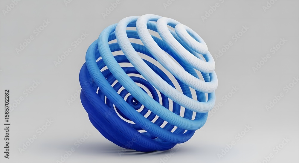 Poster abstract 3d illustration of spherical shape formed by overlapping blue and white bands, showing dyna