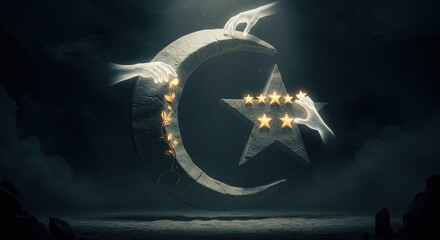 Crescent Moon Star Celestial Art: Divine Hands Grace Golden Embellishments