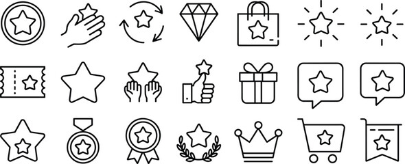 Star icons set featuring rewards, gifts, diamonds, badges, shopping, favorite items, ratings, loyalty, shopping cart, premium
