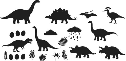 Dinosaur silhouettes with eggs, leaves, clouds, rain, and prehistoric animals in vector design perfect for kids, education, and illustrations
