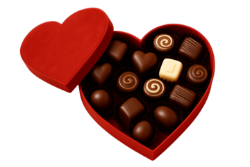 Assortment of gourmet chocolates in a red heart shaped box isolated on transparent background