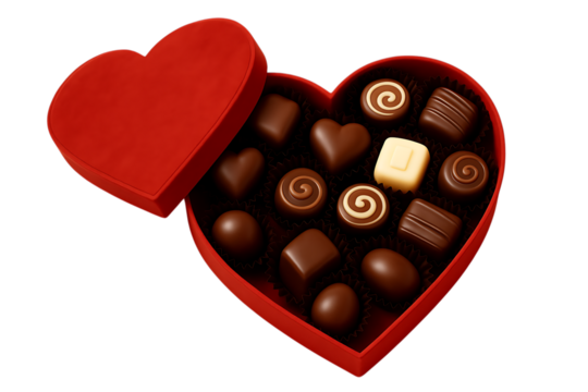Assortment of gourmet chocolates in a red heart shaped box isolated on transparent background