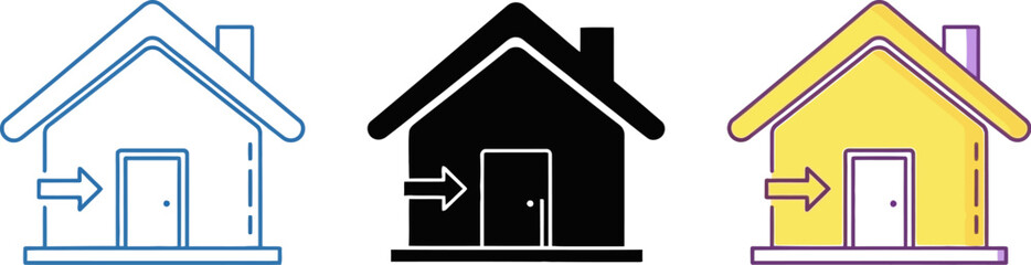 Three colorful house icons with arrows indicating entry into the door