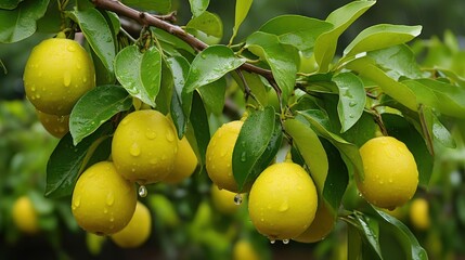 Close-up of pears with water droplets on leaves.