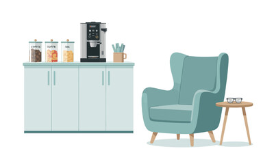 Illustration of a break room featuring a cabinet with coffee, snacks, and a coffee machine, next to a comfortable armchair and small table.