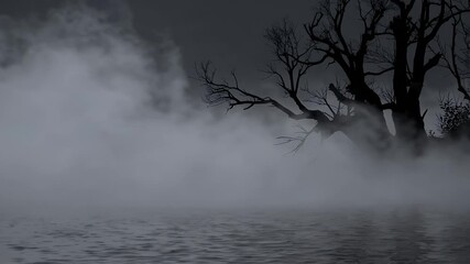 Eerie atmospheric landscape shot of fog drifting over riverbanks surrounded by dark silhouettes of bare trees creating a mysterious cinematic mood in nature with low visibility and misty motion - Powered by Adobe