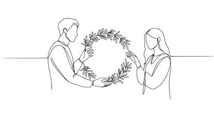 Two people exchanging a wreath in a minimal line art style - Concept of peace day  