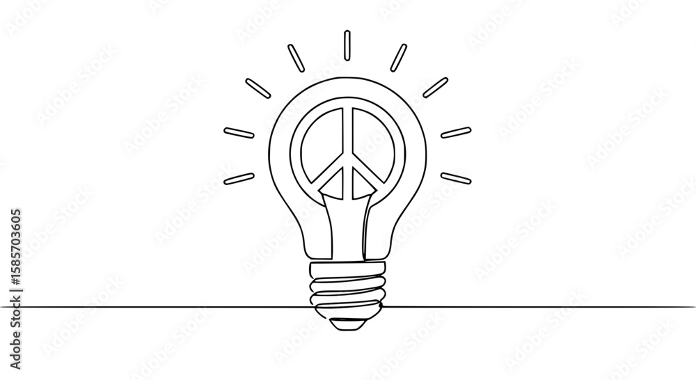 Poster lightbulb with peace symbol in a single line outline vector style