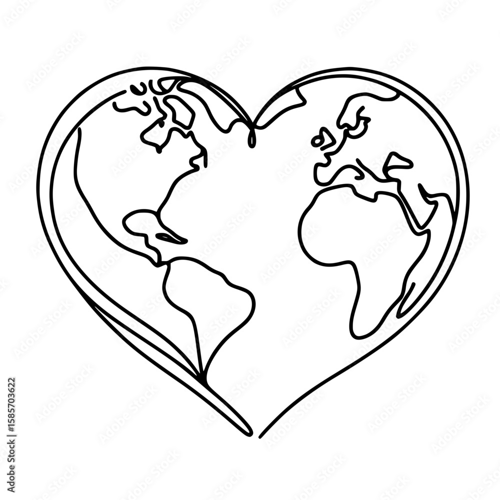 Poster heart shape with world map in single line outline vector design