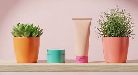 Fototapeta premium Cosmetic products and plants arranged on a shelf