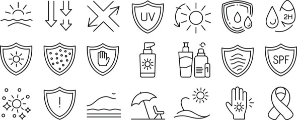 Sun protection, SPF shield, UV defense, sunscreen icon set in outline style, skincare symbols for health and summer safety illustration