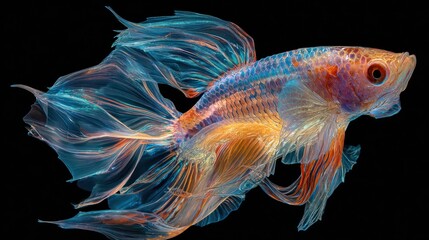 Ethereal betta fish swims with flowing fins against a stark black background