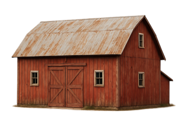 Rustic red wooden barn with metal roof isolated on transparent background