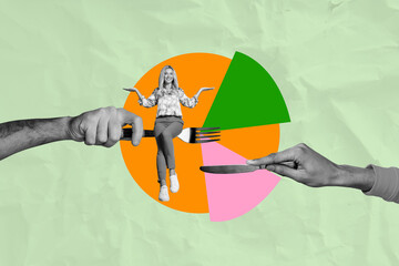 Trendy art creative full pop photo collage of happy businesswoman businessman sit diagram graph...